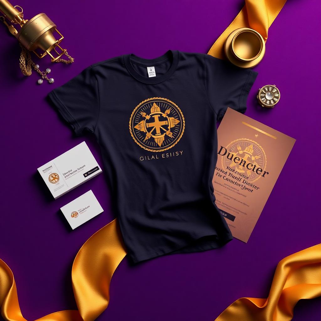 Ministry branding flatlay with seal, t-shirt, business cards, and flyer