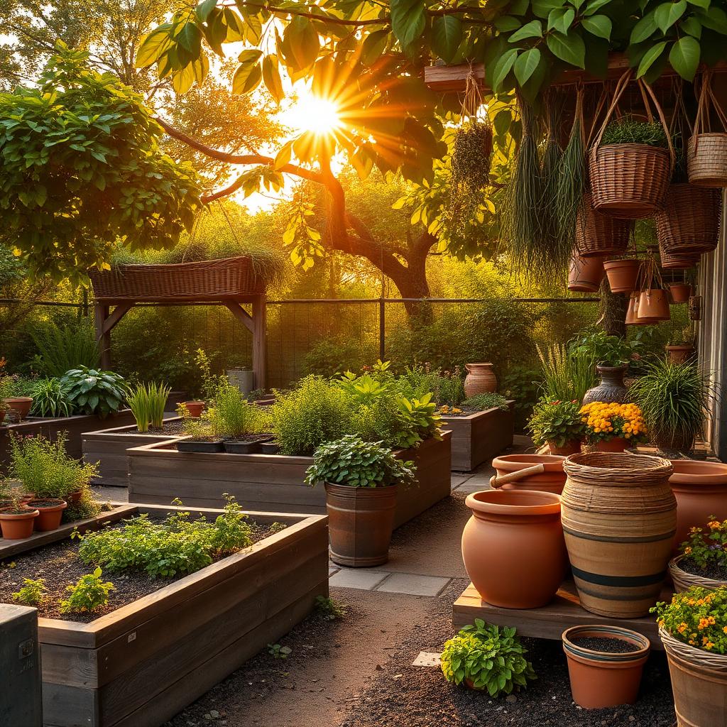 Organic homestead garden with raised beds, herbs, and harvest baskets at golden hour